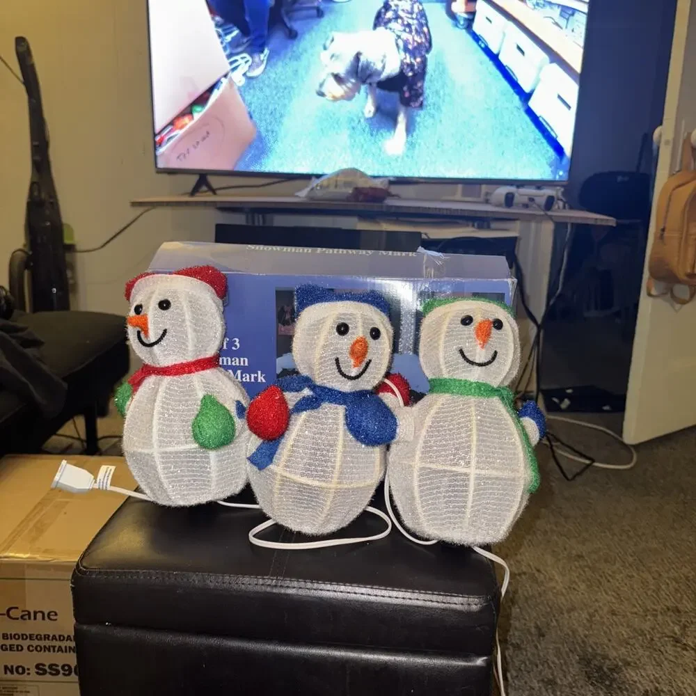 Set Of 3 Light Up Snow Man Patchy Way Marks Includes Ground Stakes